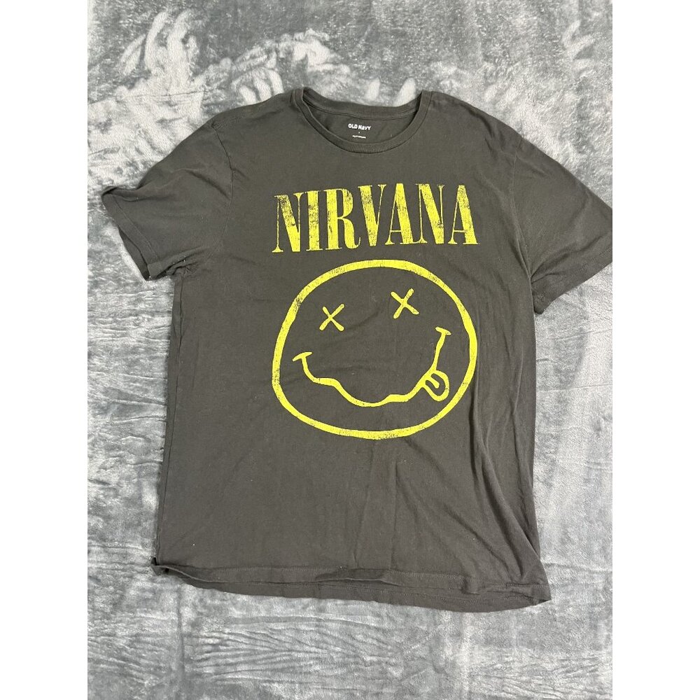 Old Navy Nirvana Smiley Face Mens T-Shirt Large Black Short Sleeve Graphic Tee